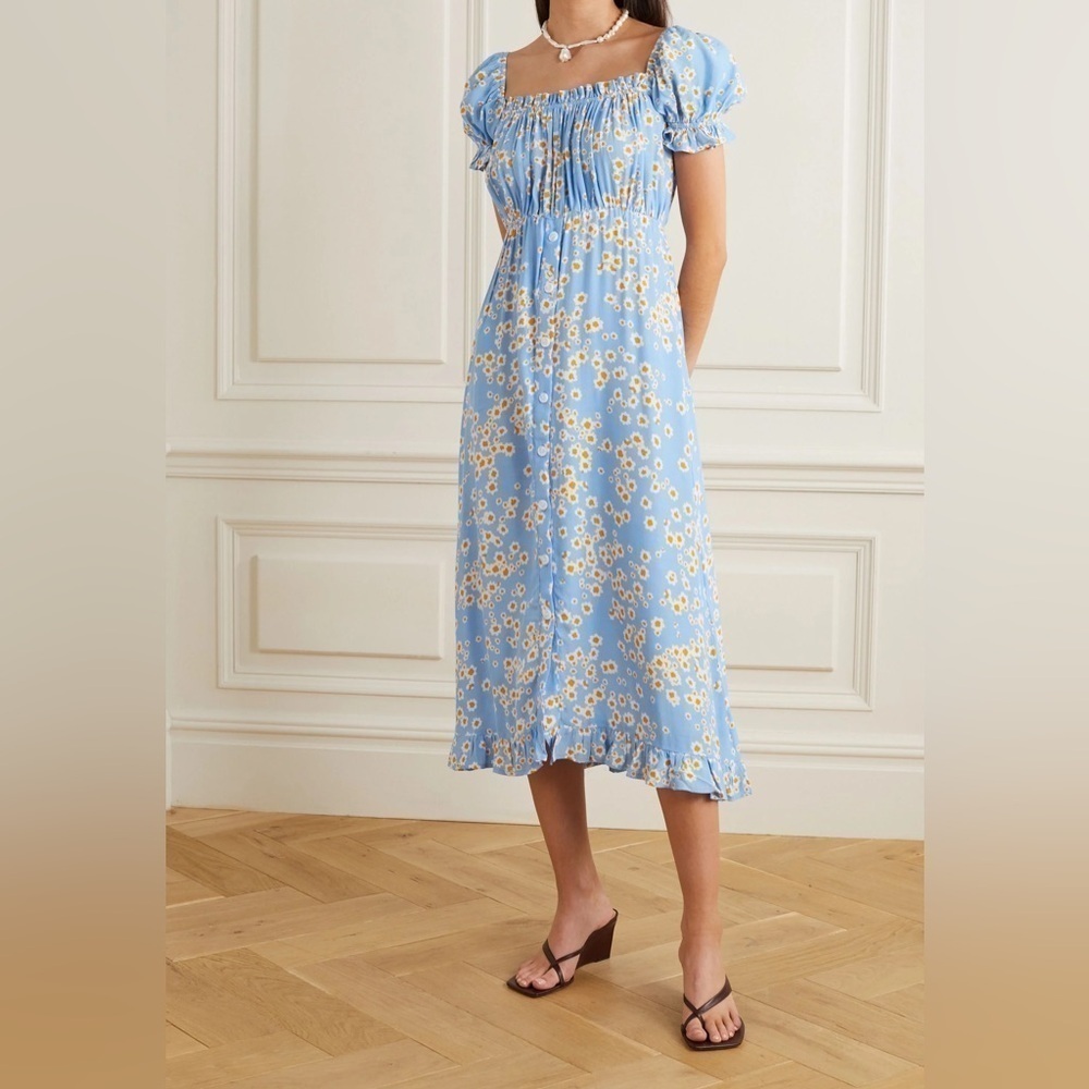 INA Blue Floral Print Crepe Midi Dress Sz-4